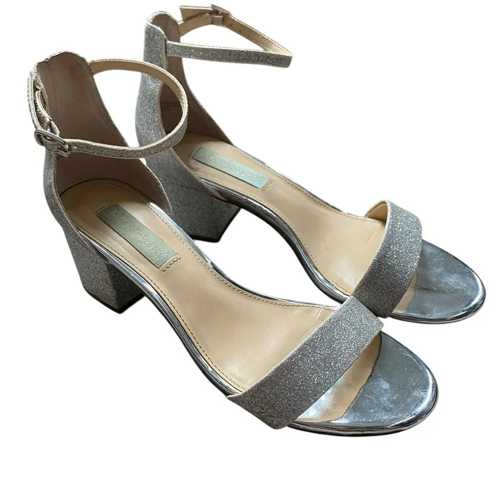Betsey Johnson Miri Pumps 7.5 Silver Glitter Block Heel Ankle Straps Party Prom